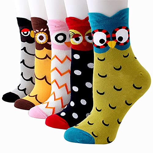 MEOKEY Calcetines Mujer Divertidos con Búho, Gato y Perro, Algodón Suave, 4/5 Pares, Multicolor (Búho-5 Pares)