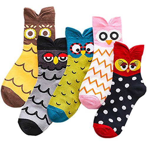 MEOKEY Calcetines Mujer Divertidos con Búho, Gato y Perro, Algodón Suave, 4/5 Pares, Multicolor (Búho-5 Pares)