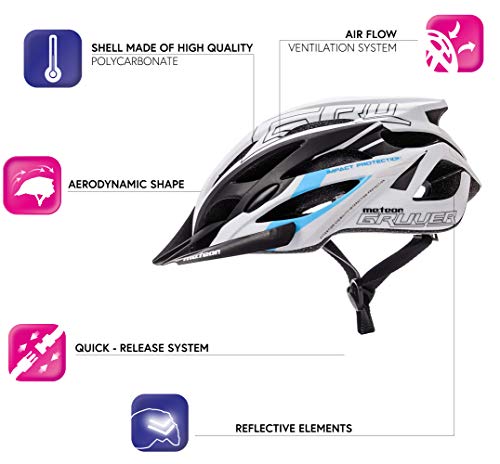 meteor Cascos Casco Bicicleta Casco Helmet Casco Bici Casco Bicicleta Adulto Skate Ciclismo Bicicleta Patineta Patines Monopatines Bici Accesorios Casco Gruver (L (58-61 cm), Blanco/Negro/Azul)