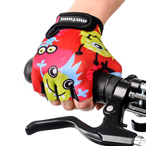 meteor Guantes de Ciclismo niñas y niños - Guantes Bicicleta para Infantil MTB BMX Carretera Montaña sin Dedos (M ~7-7,5cm, Monsters)