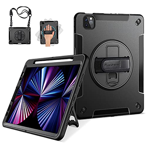 Miesherk Funda para iPad Pro 11 2021: Militar Antichoque a 3 Capas Cover Case iPad Pro de 11 Pulgadas 3ª Generación con Soporte para Lápiz - 360 Soporte Giratorio - Correa de Mano/Hombro - Negro