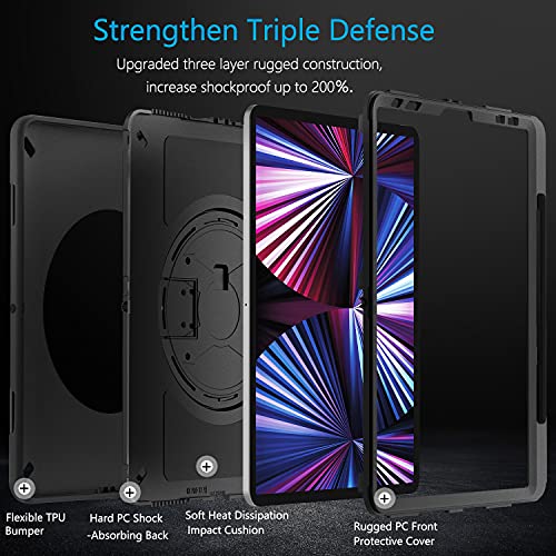 Miesherk Funda para iPad Pro 11 2021: Militar Antichoque a 3 Capas Cover Case iPad Pro de 11 Pulgadas 3ª Generación con Soporte para Lápiz - 360 Soporte Giratorio - Correa de Mano/Hombro - Negro