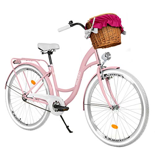 Milord Bikes Bicicleta de Confort Rosa de 1 Velocidad y 28 Pulgadas con Cesta y Soporte Trasero, Bicicleta Holandesa, Bicicleta para Mujer, Bicicleta Urbana, Retro, Vintage