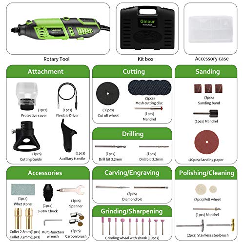 Mini amoladora eléctrica, Ginour Kit de herramientas rotatorias 170W Multifunción con 118 accesorios, Mandril triangular, 7 Velocidad Variable para DIY cortar/lijar/grabar/limpiar/pulir