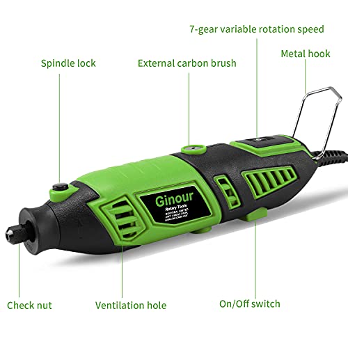 Mini amoladora eléctrica, Ginour Kit de herramientas rotatorias 170W Multifunción con 118 accesorios, Mandril triangular, 7 Velocidad Variable para DIY cortar/lijar/grabar/limpiar/pulir