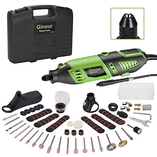 Mini amoladora eléctrica, Ginour Kit de herramientas rotatorias 170W Multifunción con 118 accesorios, Mandril triangular, 7 Velocidad Variable para DIY cortar/lijar/grabar/limpiar/pulir