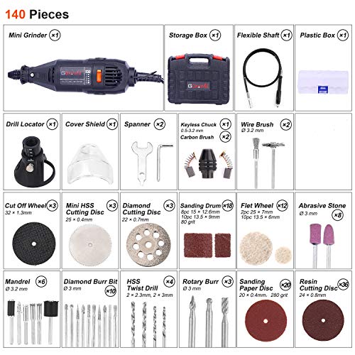 Mini Amoladora Eléctrica, GOXAWEE Multiherramienta con Portabrocas Sin Llave/Eje Flexible 140 Accesorios Herramienta Rotativa multifunción, Velocidad Variable para Manualidad y Creación Bricolaje