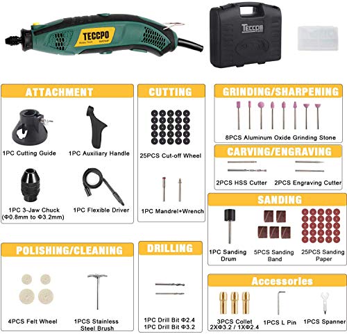 Mini Amoladora Eléctrica TECCPO, 170W Mini Taladro Herramienta Rotativa Multifunción con Drill Locator/Eje Flexible/Portabrocas Sin Llave/ 80 Accesorios para Manualidad para cortar, lijar, pulir