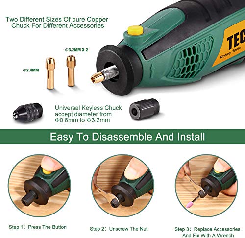 Mini Amoladora Eléctrica TECCPO, 170W Mini Taladro Herramienta Rotativa Multifunción con Drill Locator/Eje Flexible/Portabrocas Sin Llave/ 80 Accesorios para Manualidad para cortar, lijar, pulir