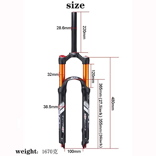 MJCDNB Horquilla de suspensión para Bicicleta de montaña 26/27,5 Pulgadas, cámara de Aire Doble de aleación de magnesio con Ajuste de amortiguación, Freno de Disco de Horquilla neumática MTB