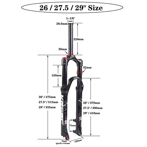 MJCDNB Horquillas de suspensión neumática MTB 26/27,5/29 Pulgadas, Rueda 1-1/8, Freno de Disco, Horquilla Delantera, Bicicleta de montaña, Recorrido de 120 mm