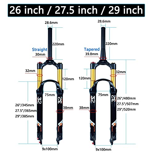 MJCDNB Horquillas MTB con suspensión neumática para Bicicleta 26/27,5/29, 1-1/8"Horquilla Delantera Ultraligera para Bicicleta de montaña, Recorrido 120mm QR 9mm