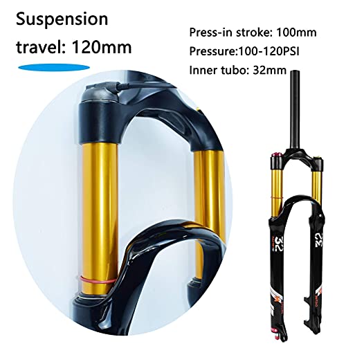 MJCDNB Horquillas MTB con suspensión neumática para Bicicleta 26/27,5/29, 1-1/8"Horquilla Delantera Ultraligera para Bicicleta de montaña, Recorrido 120mm QR 9mm