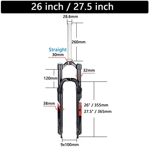 MJCDNB Horquillas neumáticas de suspensión MTB de 26/27,5 Pulgadas, aleación Ultraligera de 9 mm QR para Bicicleta de montaña XC Offroad Downhill Bicycle