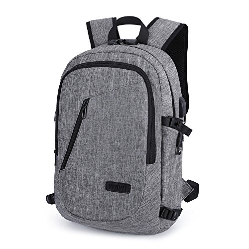 Mochila antirrobo Impermeable, WAWJ Mochila para portátil Multiusos Daypacks con Puerto de Carga USB (Gris)