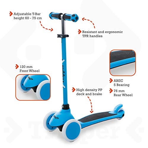 Mondo On&Go Tripper - Patinete de 3 Ruedas - Ruedas de Poliuretano y empuñaduras TPR - Freno de Seguridad Trasero - Color Azul