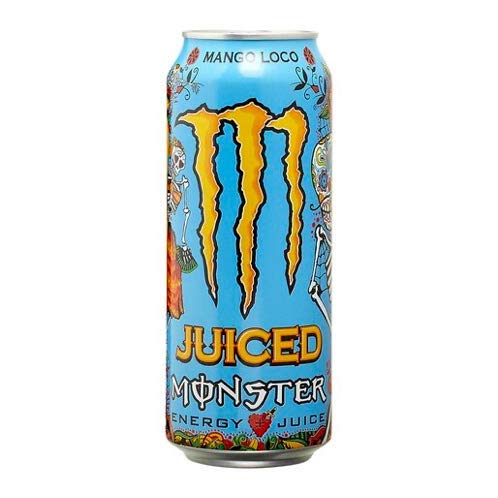 Monster Energy Mango Loco con zumo de mango, con ácido carbónico, paleta de bebidas energéticas 24 x 500 ml y adhesivo gratis