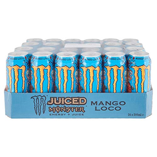 Monster Energy Mango Loco con zumo de mango, con ácido carbónico, paleta de bebidas energéticas 24 x 500 ml y adhesivo gratis