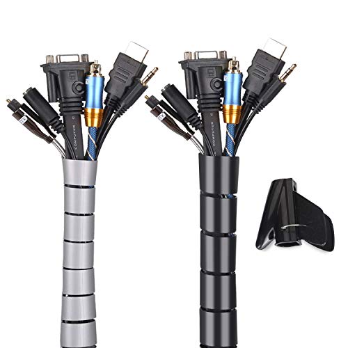 MOSOTECH Organizador Cables, Cubre Cables de 2 x 1.5m, Flexible Funda Organizador Cables, Organizador de Cables Mesa, Recoge Cables para Office y PC Escritorio-Negro y Gris (Ø2.6cm y Ø2.2cm)