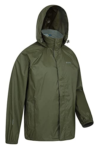 Mountain Warehouse Chaqueta Impermeable para Hombre Pakka - Chaqueta Plegable con Capucha, Abrigo para Hombre con Bandas Reflectantes, Chaqueta Ligera para la Lluvia Caqui XS