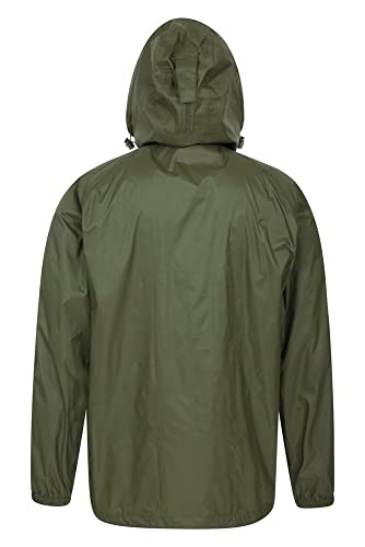 Mountain Warehouse Chaqueta Impermeable para Hombre Pakka - Chaqueta Plegable con Capucha, Abrigo para Hombre con Bandas Reflectantes, Chaqueta Ligera para la Lluvia Caqui XS