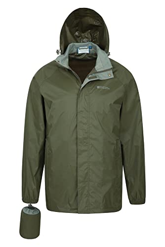 Mountain Warehouse Chaqueta Impermeable para Hombre Pakka - Chaqueta Plegable con Capucha, Abrigo para Hombre con Bandas Reflectantes, Chaqueta Ligera para la Lluvia Caqui XS