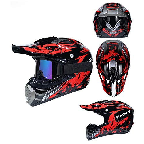 MRDEAR Casco de Motocross Hombre (5 Pcs) - Negro y Rojo - Casco MTB Integral Off-Road Enduro Racing Scooter Motocicleta Quad · Dot Certificado,L