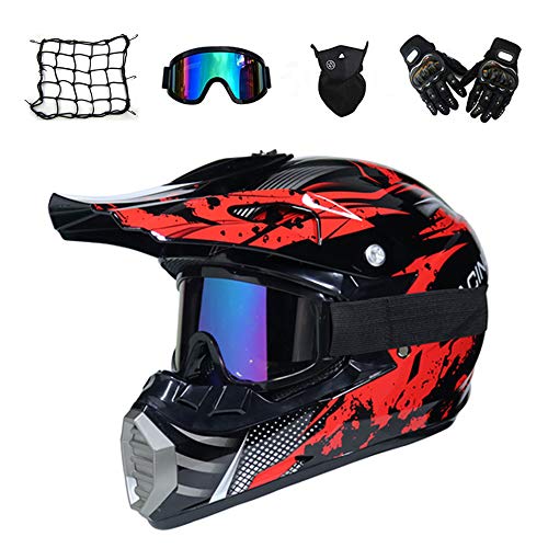 MRDEAR Casco de Motocross Hombre (5 Pcs) - Negro y Rojo - Casco MTB Integral Off-Road Enduro Racing Scooter Motocicleta Quad · Dot Certificado,L