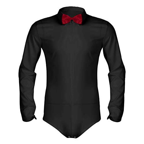 MSemis Camisa Baile Latino Maillot Clásico para Hombres Chicos Body Baile de Salón Camiseta de Danza Tango Samba Salsa Ropa Bailarín Competición Mangas Largas Negro X-Large