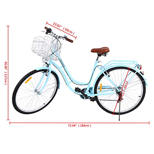 MuGuang - Bicicleta de ciudad vintage para mujer de 28 pulgadas, marco de acero, ruedas de 28 pulgadas de aluminio con freno de contrapedal, 7 velocidades sin desviador, cesta incluida (azul)