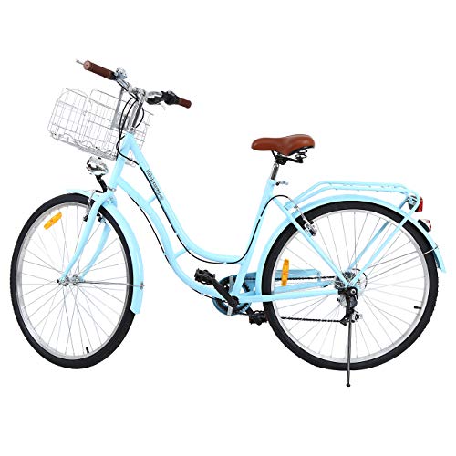 MuGuang - Bicicleta de ciudad vintage para mujer de 28 pulgadas, marco de acero, ruedas de 28 pulgadas de aluminio con freno de contrapedal, 7 velocidades sin desviador, cesta incluida (azul)