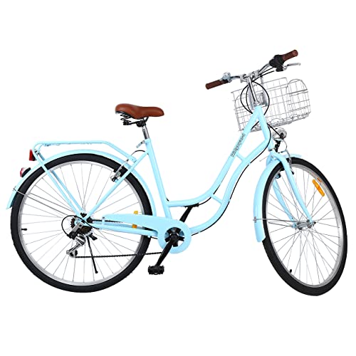 MuGuang - Bicicleta de ciudad vintage para mujer de 28 pulgadas, marco de acero, ruedas de 28 pulgadas de aluminio con freno de contrapedal, 7 velocidades sin desviador, cesta incluida (azul)