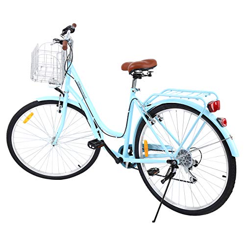 MuGuang - Bicicleta de ciudad vintage para mujer de 28 pulgadas, marco de acero, ruedas de 28 pulgadas de aluminio con freno de contrapedal, 7 velocidades sin desviador, cesta incluida (azul)