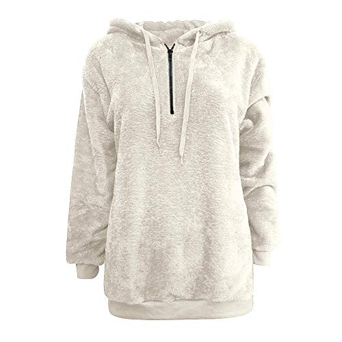 Mujer Caliente y Esponjoso Tops Chaqueta Suéter Abrigo Jersey Mujer Otoño-Invierno Talla Grande Hoodie Sudadera con Capucha riou (White, XL)