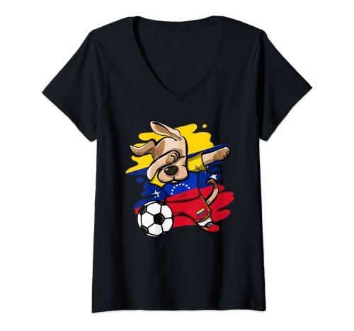 Mujer Divertido Dabbing Perro Fútbol de Venezuela Bandera Sport Camiseta Cuello V