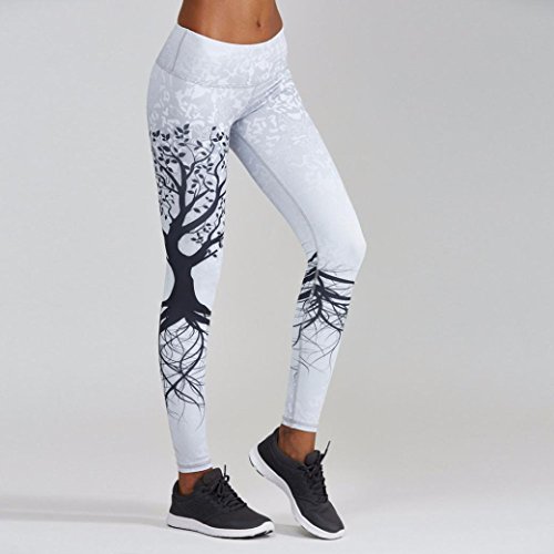 Mujer Pantalones Largos deportivos SMARTLADY Patrón de árbol Leggings para Running, Yoga y Ejercicio (S, Blanco)