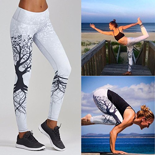 Mujer Pantalones Largos deportivos SMARTLADY Patrón de árbol Leggings para Running, Yoga y Ejercicio (S, Blanco)