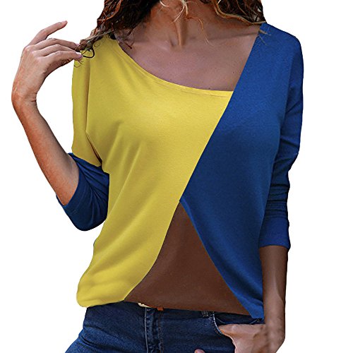 Mujer Polyester Ajustado Blusa Moda Patchwork Casual para Mujer Color Block O-Neck Manga Larga Camiseta Tops Otoño e Invierno Tallas Grandes riou