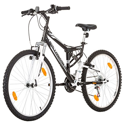 Multibrand Distribution 26 Pulgadas, CoollooK, Extreme, Unisex, Bicicleta de montaña,Doble Suspensión, 18 Velocidades, Llantas MACH1, Blanco-Brillo (Negro-Brillo)