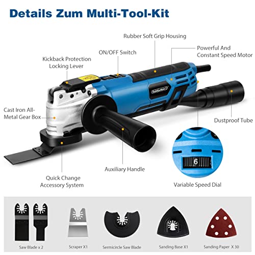 Multiherramienta oscilante 300 W con 5 acoplamientos, 30 Hojas de Lija y bolsa, 230 V, 6 Velocidades ajustables, para extracción, raspado, corte, pulido