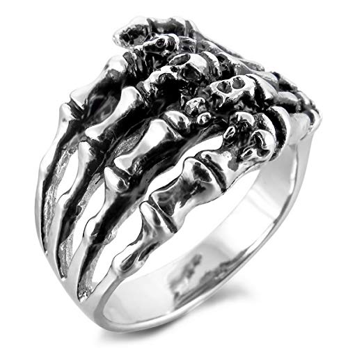 MunkiMix Acero Inoxidable Anillo Ring Banda Venda El Tono De Plata Negro Cráneo Calavera Mano Hand Hueso Talla Tamaño 25 Hombre