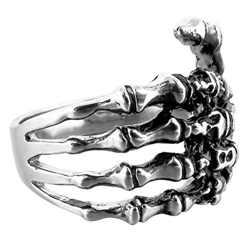 MunkiMix Acero Inoxidable Anillo Ring Banda Venda El Tono De Plata Negro Cráneo Calavera Mano Hand Hueso Talla Tamaño 25 Hombre