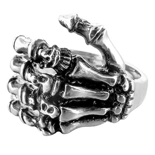 MunkiMix Acero Inoxidable Anillo Ring Banda Venda El Tono De Plata Negro Cráneo Calavera Mano Hand Hueso Talla Tamaño 25 Hombre