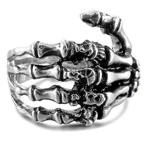 MunkiMix Acero Inoxidable Anillo Ring Banda Venda El Tono De Plata Negro Cráneo Calavera Mano Hand Hueso Talla Tamaño 25 Hombre