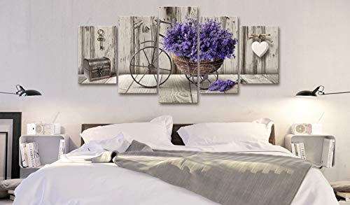 murando Cuadro en Lienzo Flores 200x100 cm 5 Partes Impresión en Material Tejido no Tejido Impresión Artística Imagen Gráfica Decoracion de Pared Lavender Madera Corazon Bicicleta b-C-0644-b-m