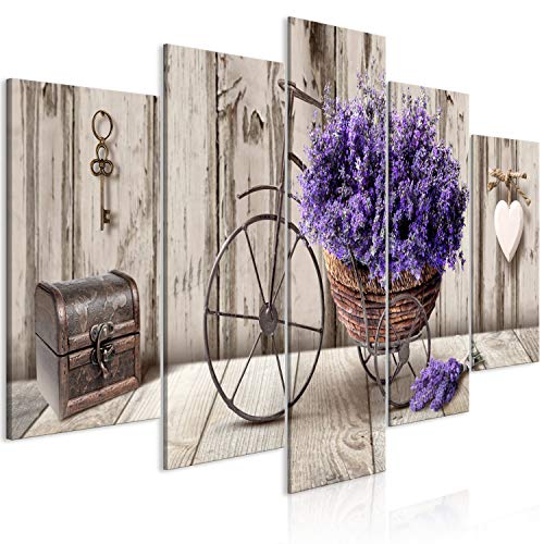 murando Cuadro en Lienzo Flores 200x100 cm 5 Partes Impresión en Material Tejido no Tejido Impresión Artística Imagen Gráfica Decoracion de Pared Lavender Madera Corazon Bicicleta b-C-0644-b-m