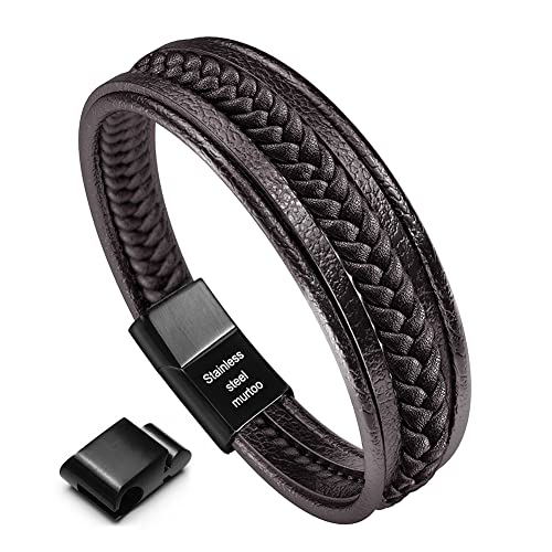 murtoo Pulsera Hombre Cuero Acero Inoxidable Cierre Magnética Negro Cuero Marrón Negro Trenzada Brazalete Marrón 20-22cm