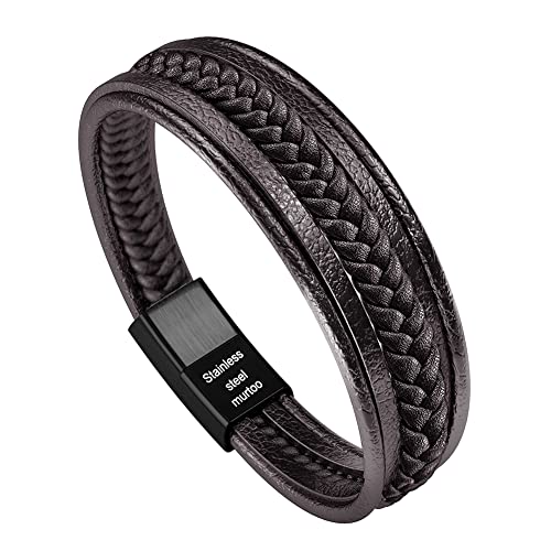 murtoo Pulsera Hombre Cuero Acero Inoxidable Cierre Magnética Negro Cuero Marrón Negro Trenzada Brazalete Marrón 20cm