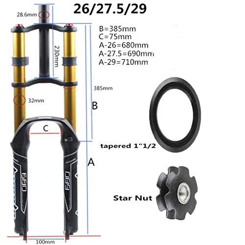 MZP MTB Horquilla Suspensión para Bicicleta 26/27.5/29" DH Hombro Doble Hidráulico Rappel Mojadura Freno Disco Am/FR 1-1/8" 1-1/2" QR Recorrido 130mm (Color : A-Gold, Size : 27.5in)