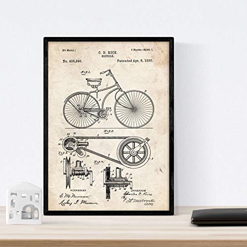 Nacnic Poster con patente de Bicicleta. Lámina con diseño de patente antigua en tamaño A3 y con fondo vintage